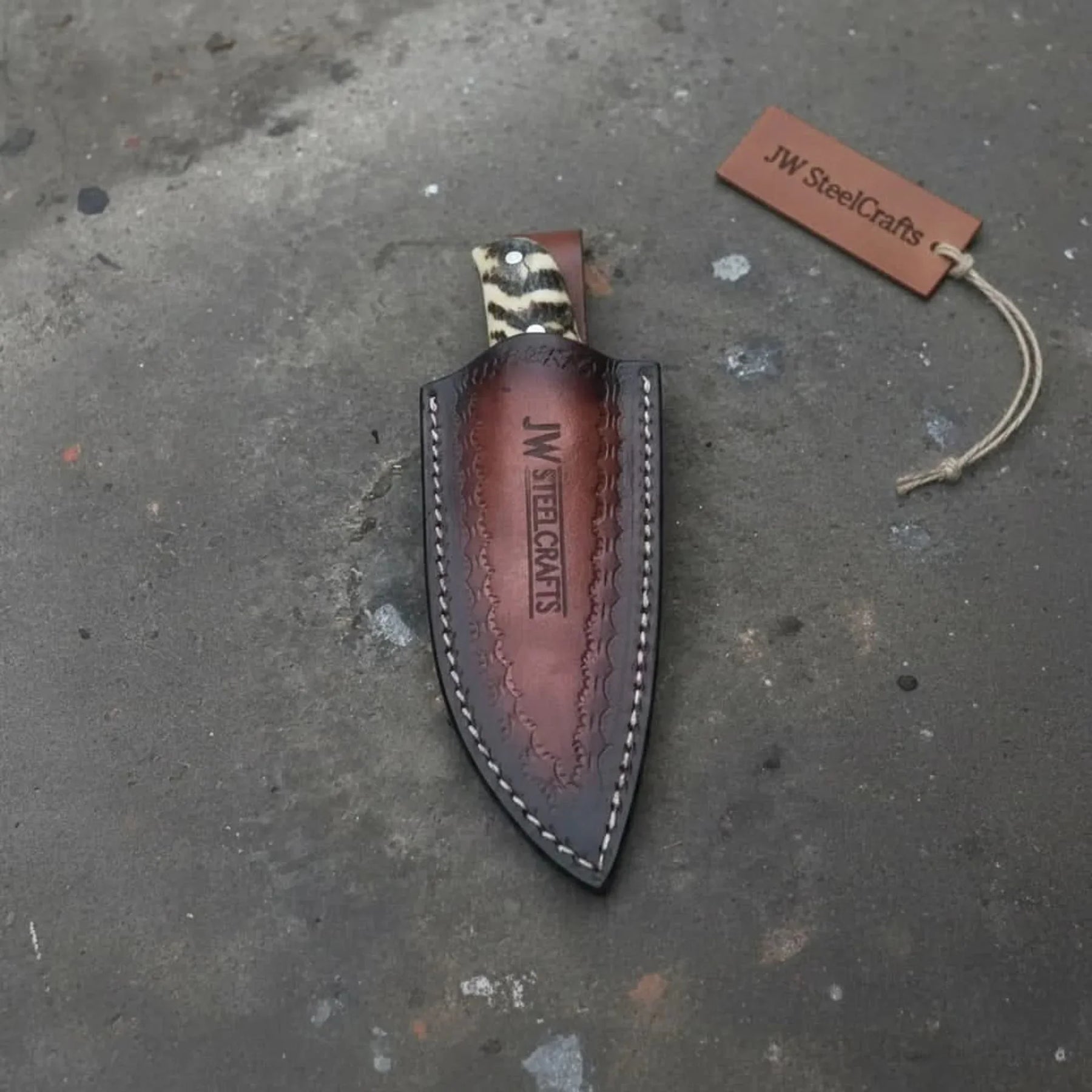 Compact Outdoor Knife Stainless Steel Blade Ram Horn or Wengi Wood Handle detail view by JW SteelCrafts