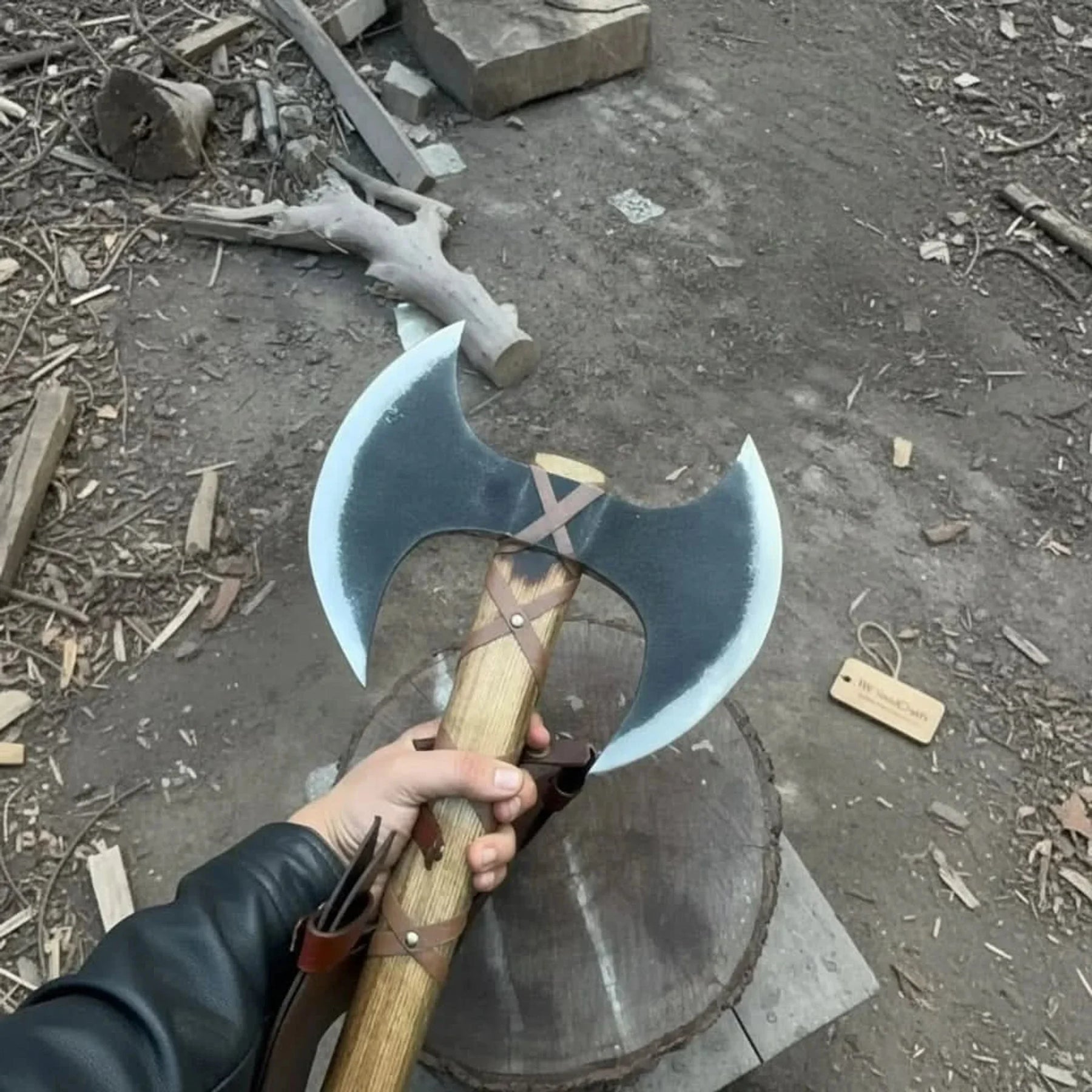 Handcrafted Double-Head Decorative Axe with Wooden Handle – JW SteelCrafts detail view by JW SteelCrafts