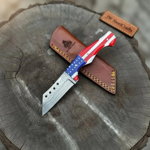 Damascus Tanto Fixed Blade Knife with American Flag Resin Handle, and Leather Sheath detail view by JW SteelCrafts