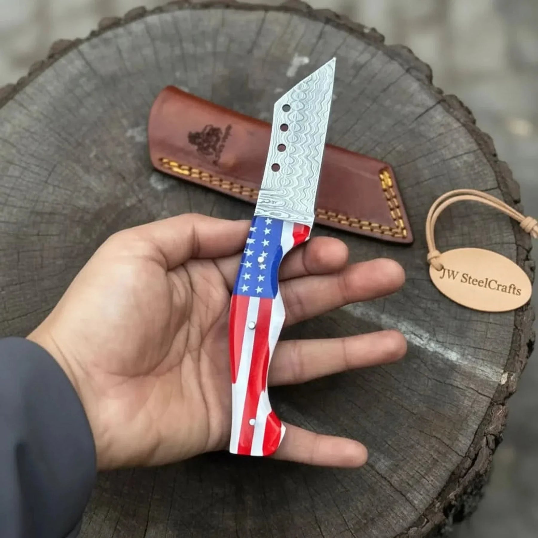 Damascus Tanto Fixed Blade Knife with American Flag Resin Handle, and Leather Sheath by JW SteelCrafts