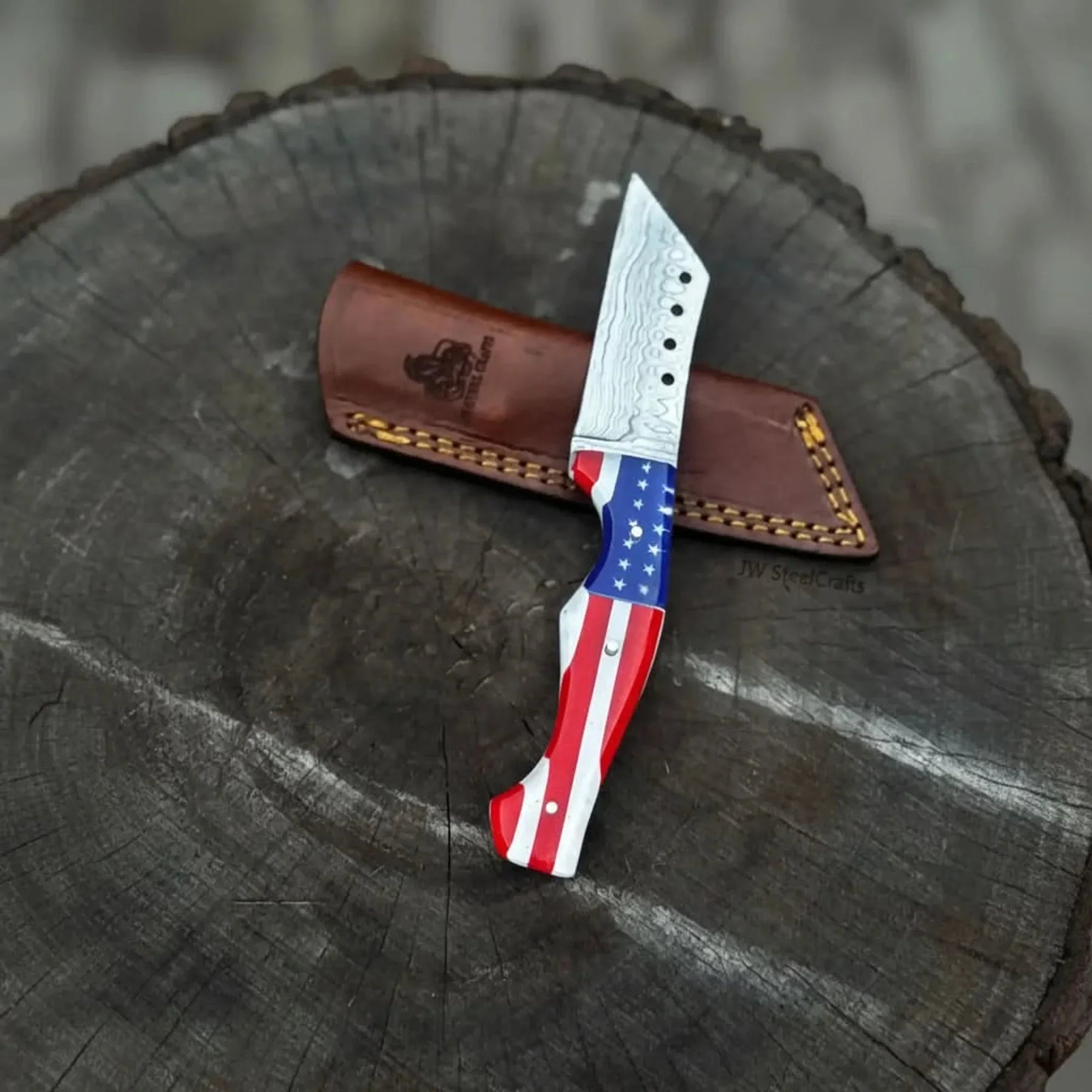 Damascus Tanto Fixed Blade Knife with American Flag Resin Handle, and Leather Sheath detail view by JW SteelCrafts