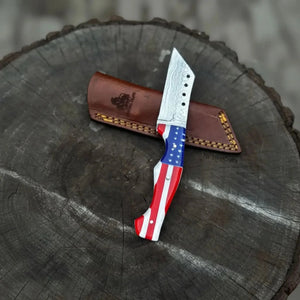 Damascus Tanto Fixed Blade Knife with American Flag Resin Handle, and Leather Sheath detail view by JW SteelCrafts