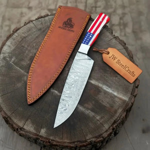 Damascus Chef Knife USA Flag Resin Handle | Hand-Forged Performance Blade detail view by JW SteelCrafts