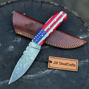 Damascus Steel USA Flag Handle Knife 5-Inch Raindrop, & Leather Sheath by JW SteelCrafts