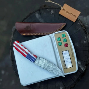 Damascus Steel USA Flag Handle Knife 5-Inch Raindrop, & Leather Sheath detail view by JW SteelCrafts