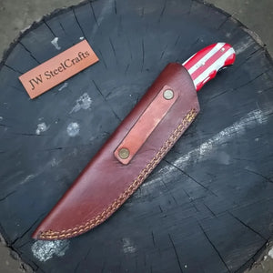 Damascus Steel USA Flag Handle Knife 5-Inch Raindrop, & Leather Sheath detail view by JW SteelCrafts