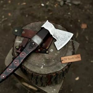 Viking Bearded Axe with Norse Engraved Blade and Leather Sheath detail view by JW SteelCrafts