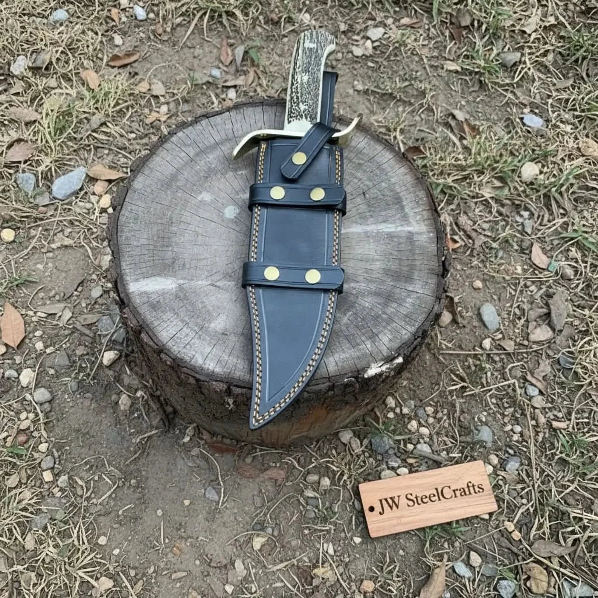 16-Inch Damascus Bowie Knife 11-Inch Blade, Stag Handle, Brass S-Guard & Leather Belt Sheath detail view by JW SteelCrafts