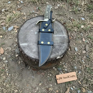 16-Inch Damascus Bowie Knife 11-Inch Blade, Stag Handle, Brass S-Guard & Leather Belt Sheath detail view by JW SteelCrafts