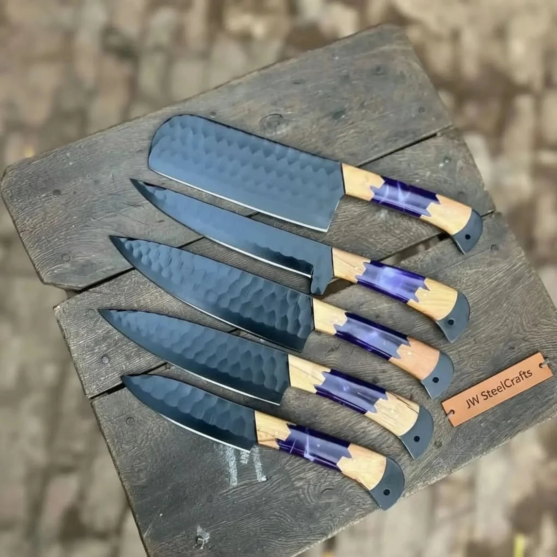 5-Piece Chef Knife Set with Hammered Black Blades, Purple Resin & Olive Wood Handles detail view by JW SteelCrafts