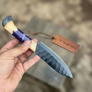 5-Piece Chef Knife Set with Hammered Black Blades, Purple Resin & Olive Wood Handles detail view by JW SteelCrafts