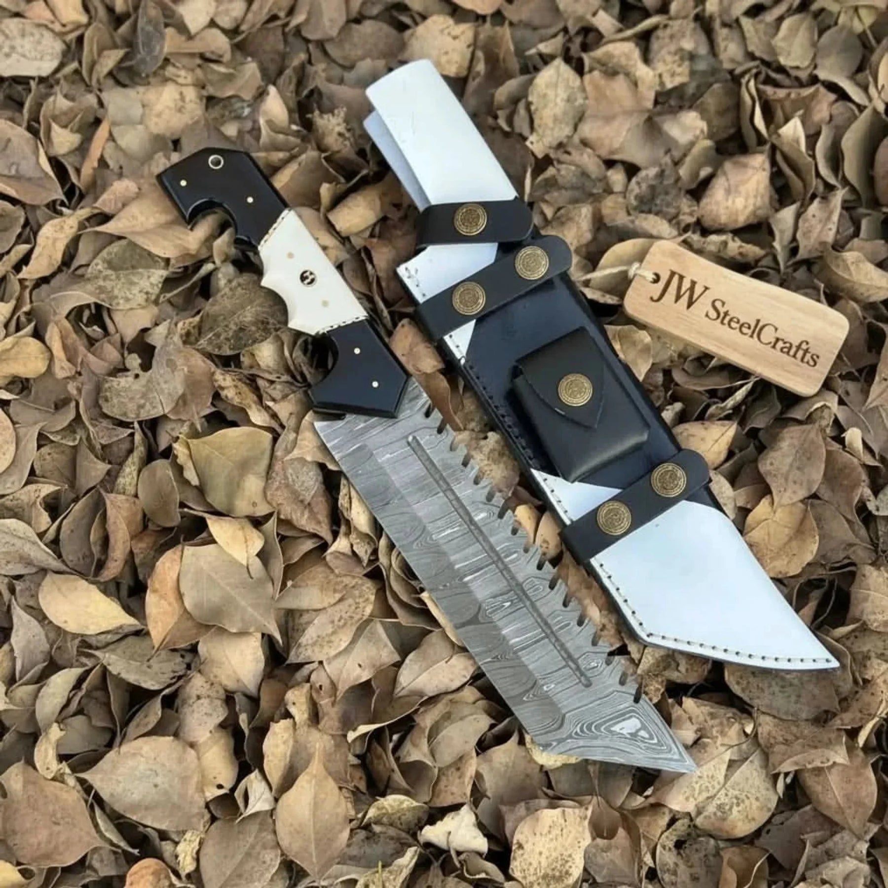 Damascus Steel Buckstrap Tracker Knife with Dual-Tone Bone & Black Handle Handmade Leather Sheath detail view by JW