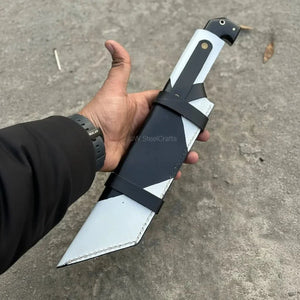 Damascus Steel Buckstrap Tracker Knife with Dual-Tone Bone & Black Handle Handmade Leather Sheath detail view by JW