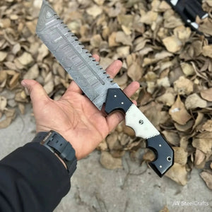 Damascus Steel Buckstrap Tracker Knife with Dual-Tone Bone & Black Handle Handmade Leather Sheath detail view by JW