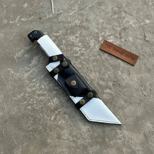 Damascus Steel Buckstrap Tracker Knife with Dual-Tone Bone & Black Handle Handmade Leather Sheath detail view by JW