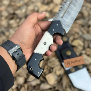 Damascus Steel Buckstrap Tracker Knife with Dual-Tone Bone & Black Handle Handmade Leather Sheath detail view by JW