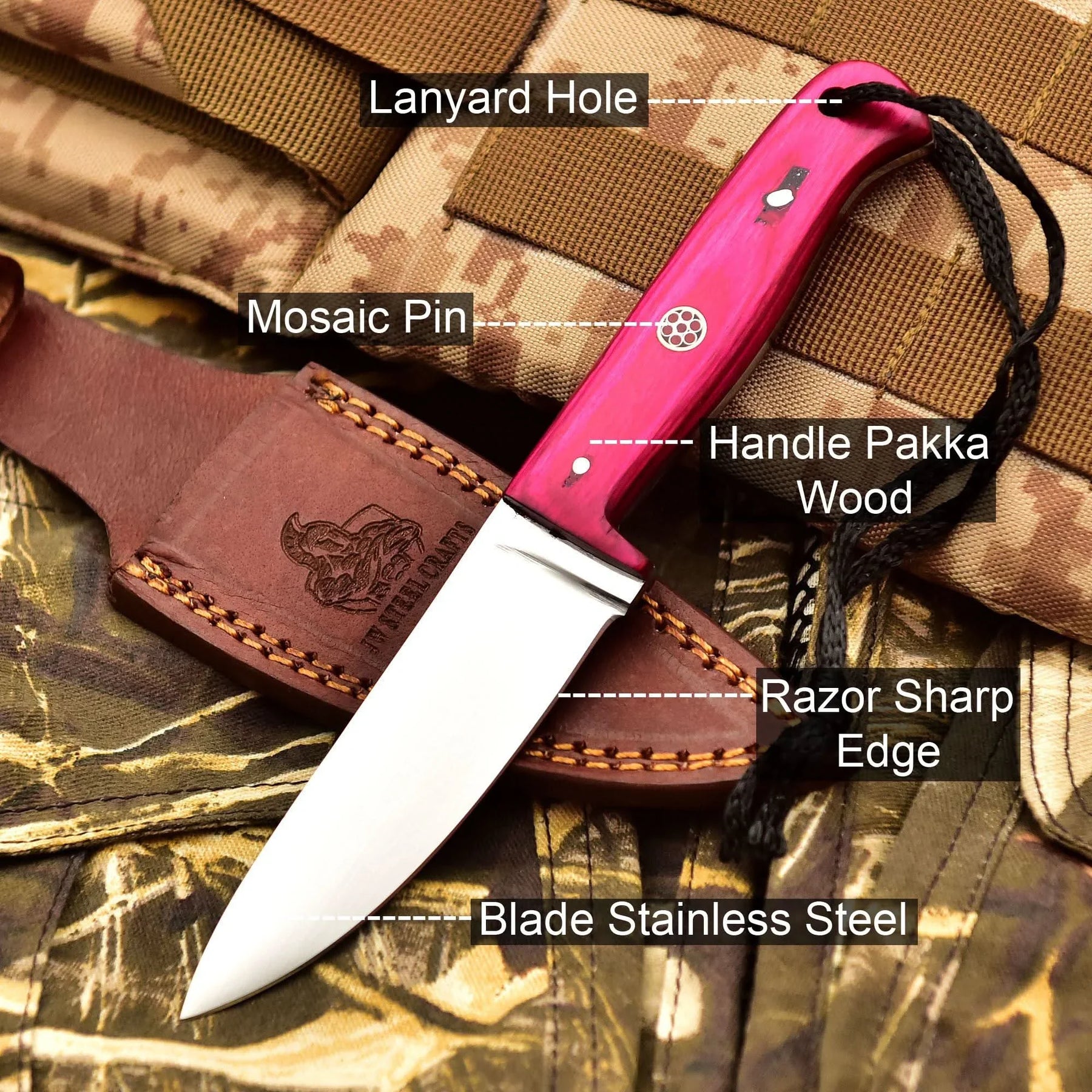 Handmade Fixed Blade Stainless Steel Skinning Hunting Knife 8" Mirror Polished Carbon Steel Drop Point detail view by JW