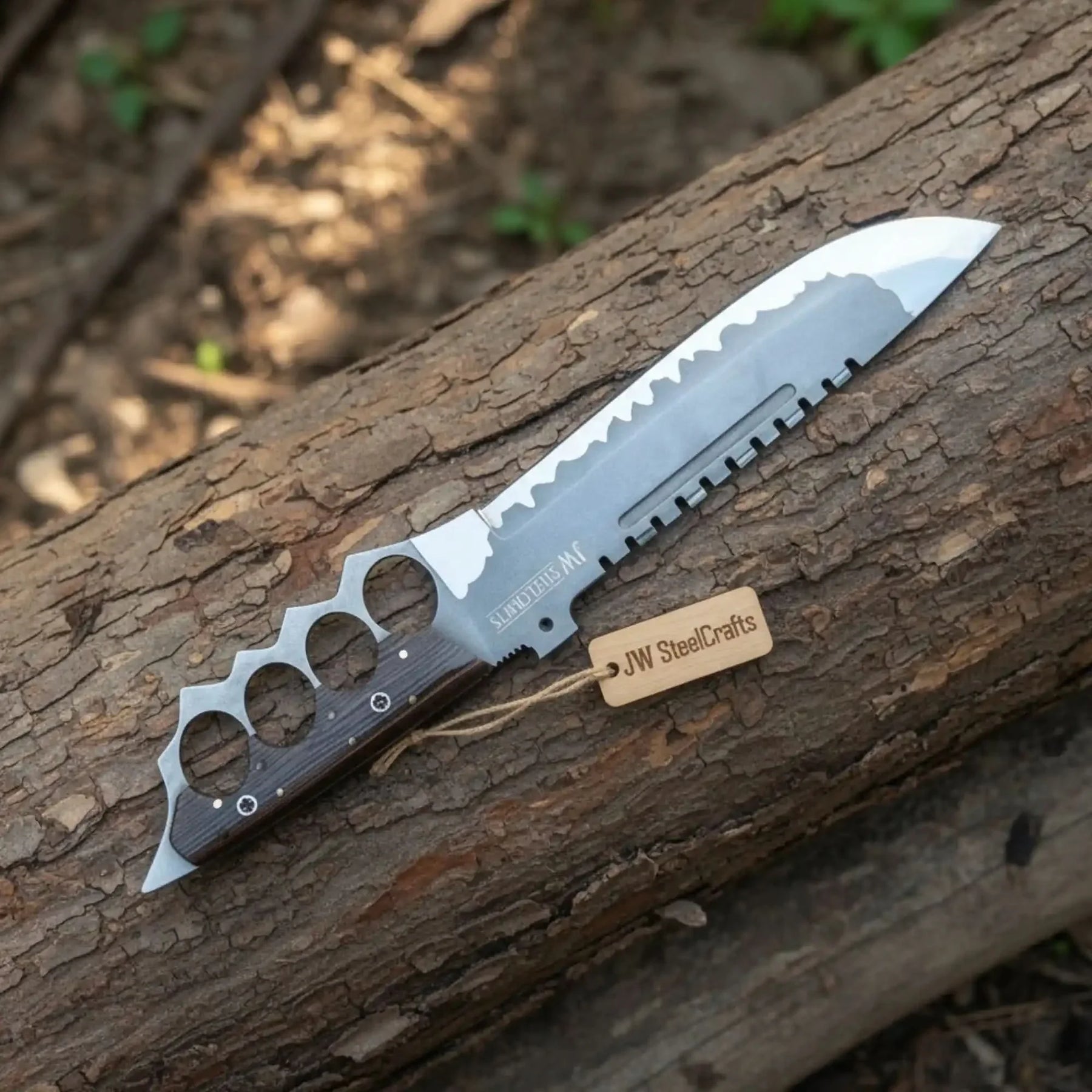 14-Inch High Carbon Steel Combat Knife — Acid Etched Tanto Blade, Knuckle Duster Guard & Wenge Wood Handle by JW SteelCrafts