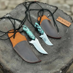 Neck Knife with Leather Sheath – Mini Damascus Pattern Blade | Green Resin Handle | JW SteelCrafts detail view by JW