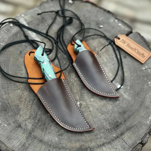 Neck Knife with Leather Sheath – Mini Damascus Pattern Blade | Green Resin Handle | JW SteelCrafts detail view by JW