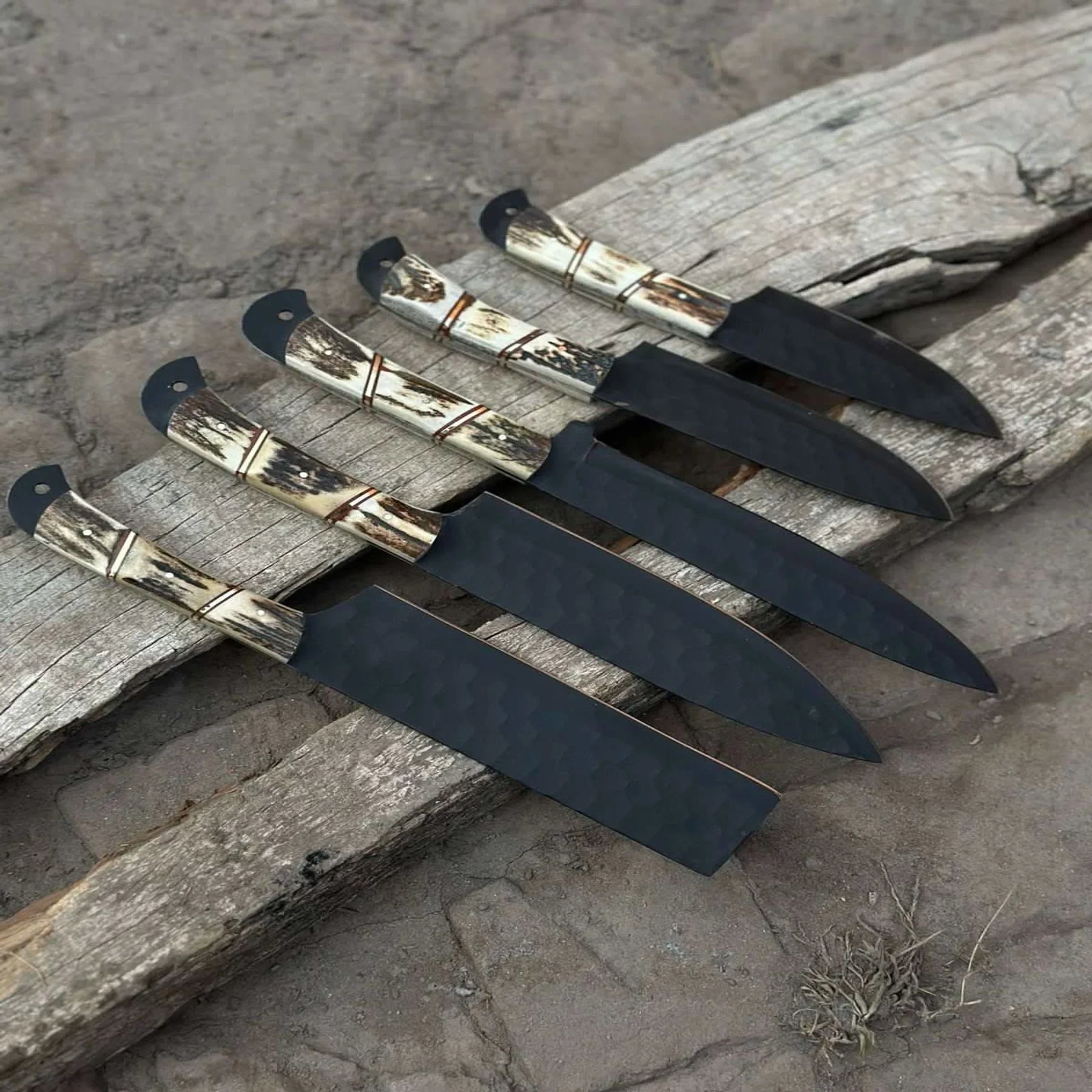 Handmade Hammered Chef Knife Set with Stag Antler Handles | 5-Piece Kitchen Knife Set by JW SteelCrafts