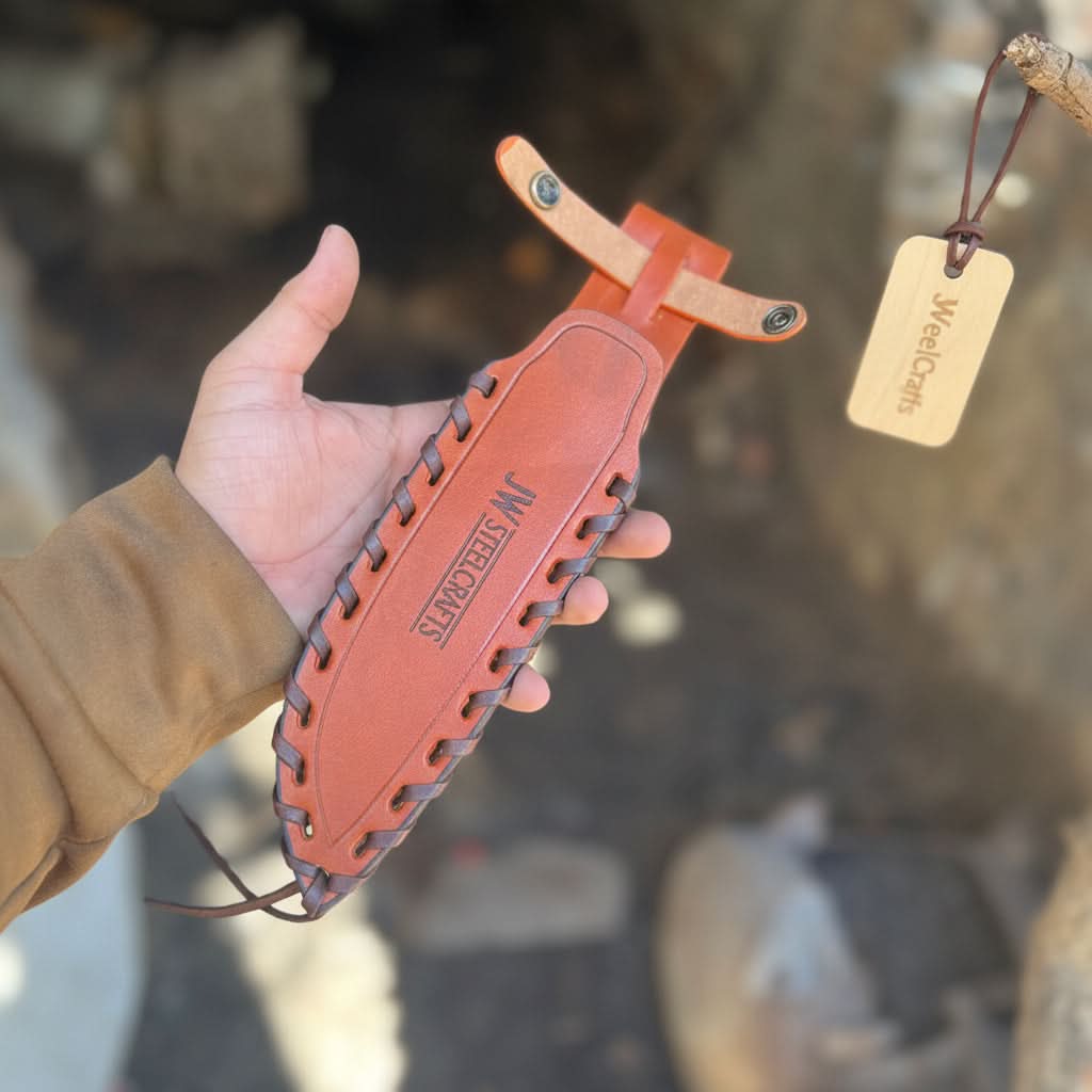 10-Inch Hammered Spear Point Survival Knife — Ram Horn Black Resin Handle, Tiger Engraved Copper Bolster & Leather Sheath by JW SteelCrafts, leather knife sheath detail photo 4