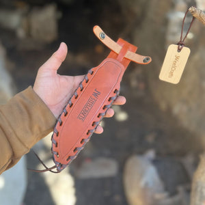 10-Inch Hammered Spear Point Survival Knife — Ram Horn Black Resin Handle, Tiger Engraved Copper Bolster & Leather Sheath by JW SteelCrafts, leather knife sheath detail photo 4