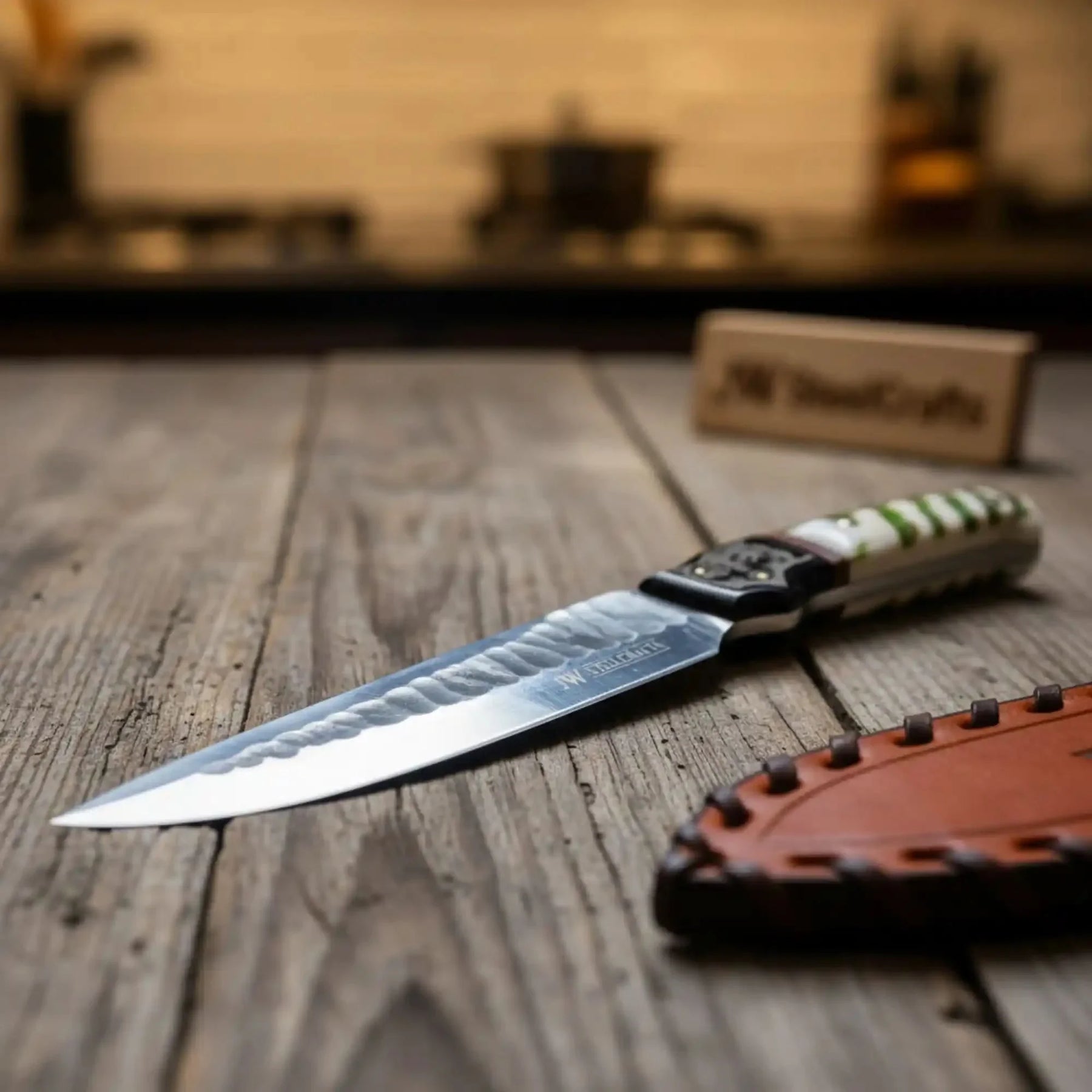 10-Inch Hammered Spear Point Survival Knife — Ram Horn Black Resin Handle, Tiger Engraved Copper Bolster & Leather Sheath by JW SteelCrafts, leather knife sheath detail photo 2
