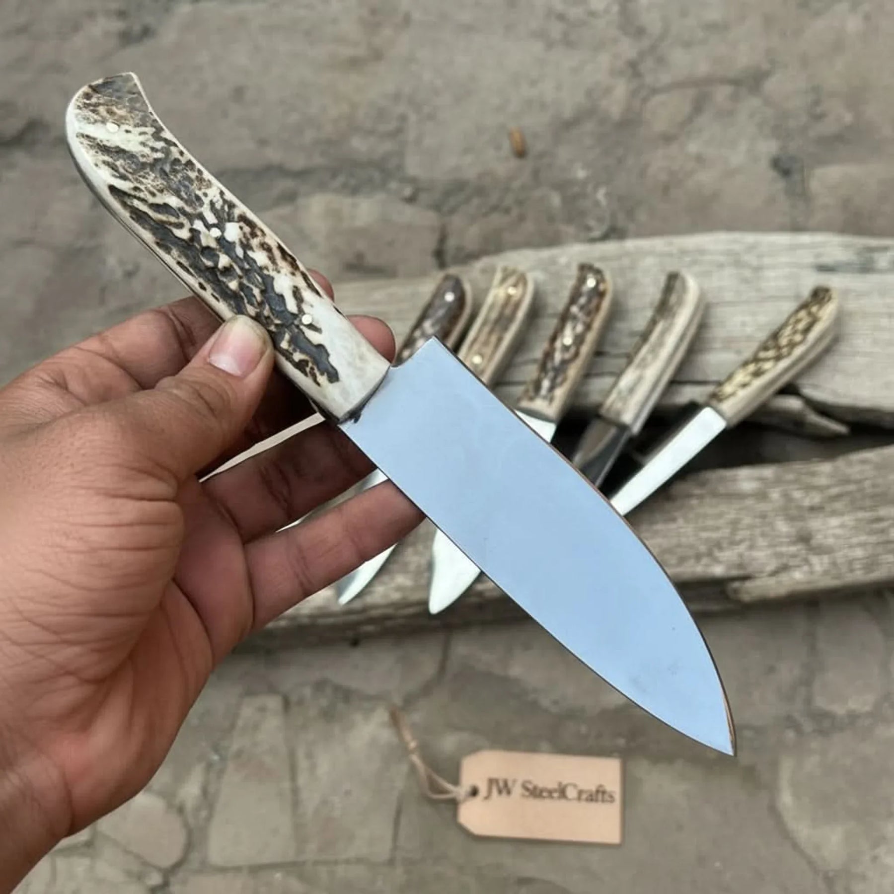6-Piece High Carbon Steel Chef Knife Set — Synthetic Stag Antler Handles detail view by JW SteelCrafts