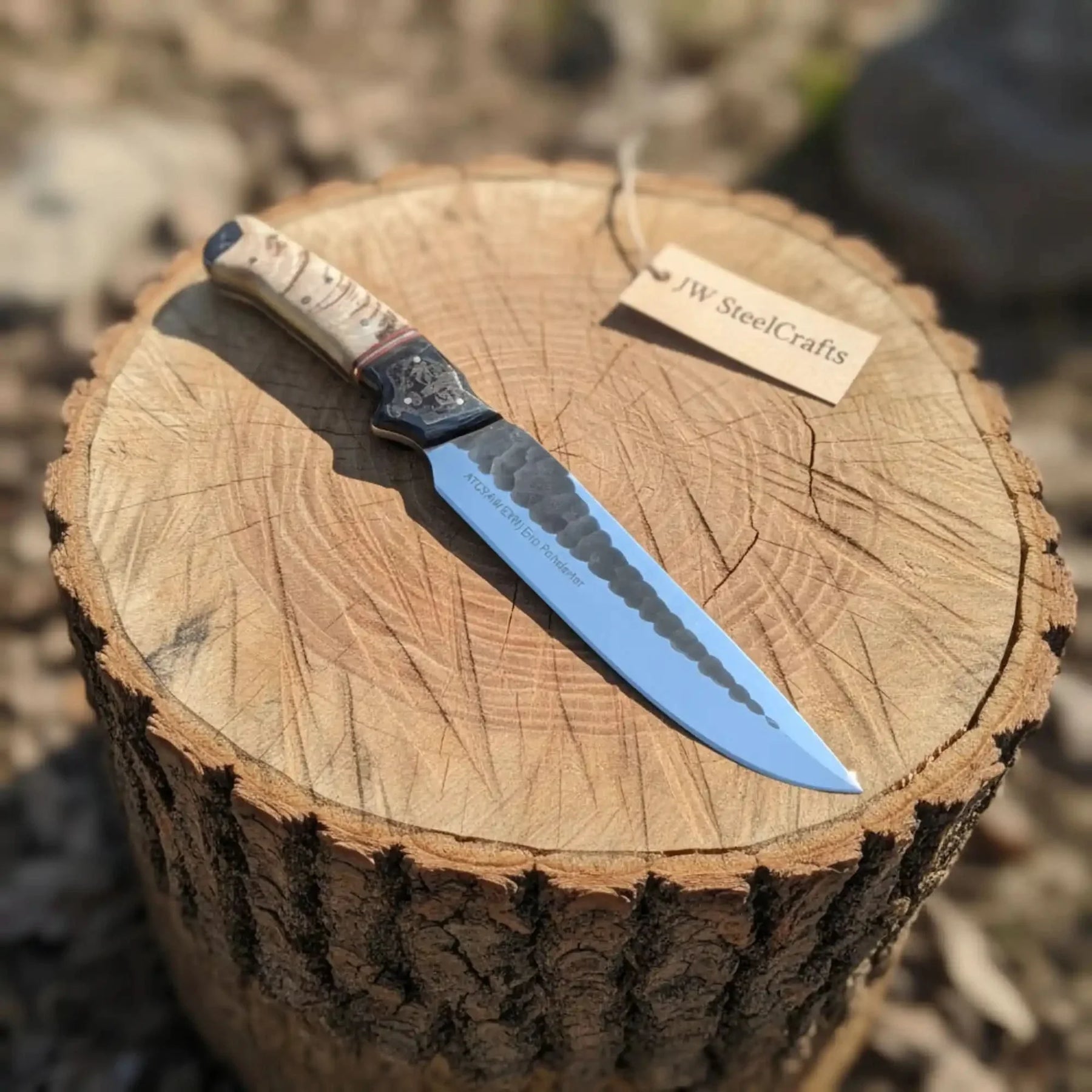 High Carbon Steel Fixed Blade Knife — Hammered Drop Point Blade, Ram Horn & Black Resin Handle by JW SteelCrafts, Damascus knife detail photo 3