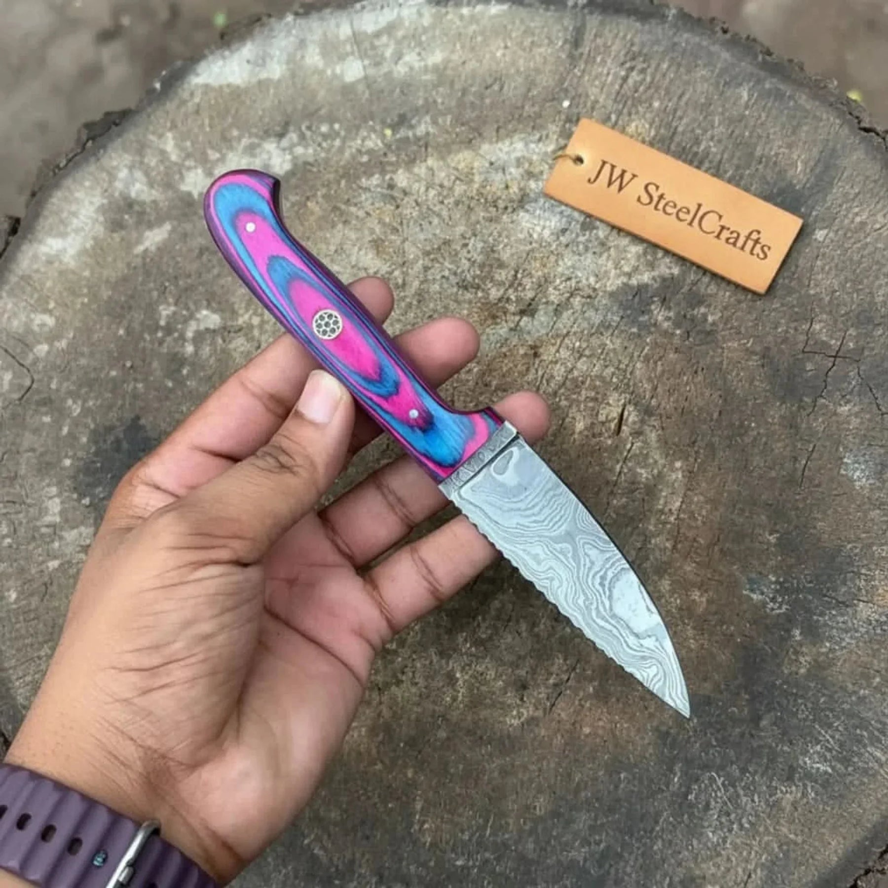 Twilight Resin Bushcraft Knife 8" Pink & Blue Pakka Wood Handle | JW SteelCrafts by JW SteelCrafts
