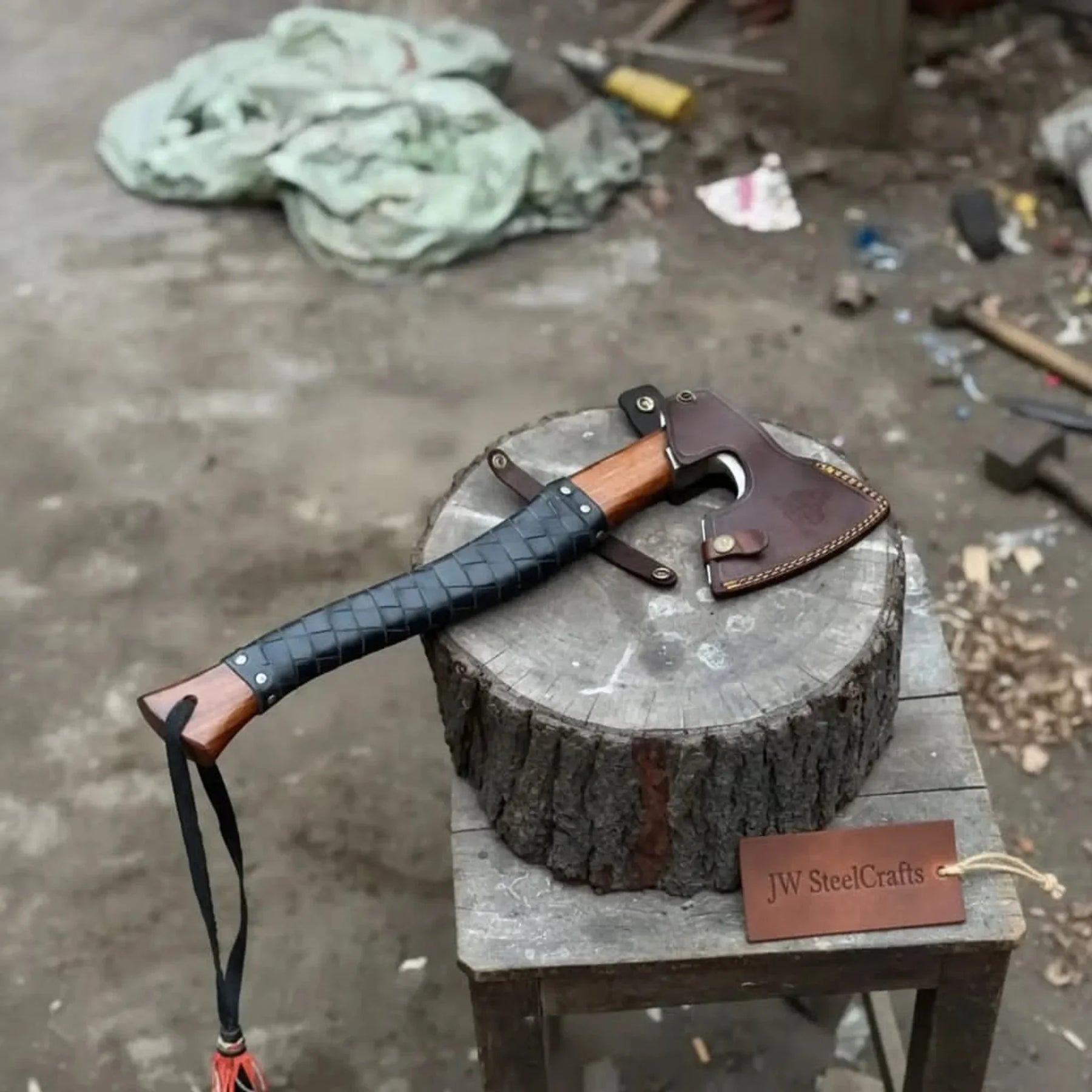 Viking Axe with Leather Wrapped Handle & Engraved Head – JW SteelCrafts detail view by JW SteelCrafts