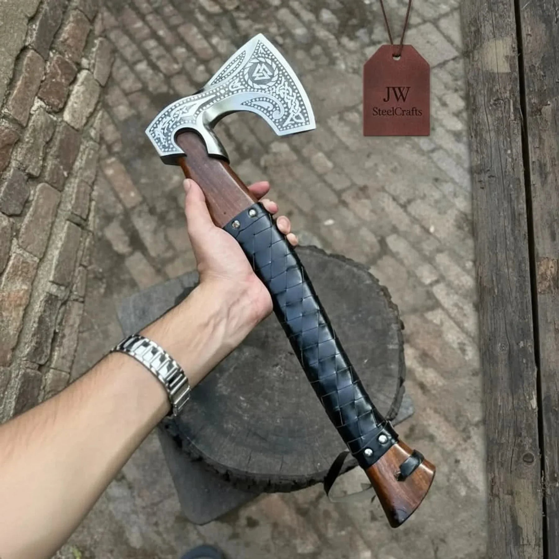 Viking Axe with Leather Wrapped Handle & Engraved Head – JW SteelCrafts by JW SteelCrafts