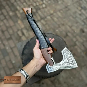 Viking Axe with Leather Wrapped Handle & Engraved Head – JW SteelCrafts detail view by JW SteelCrafts