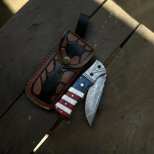 Damascus Folding Pocket Knife — American Flag Handle by JW SteelCrafts, Damascus knife detail photo 2