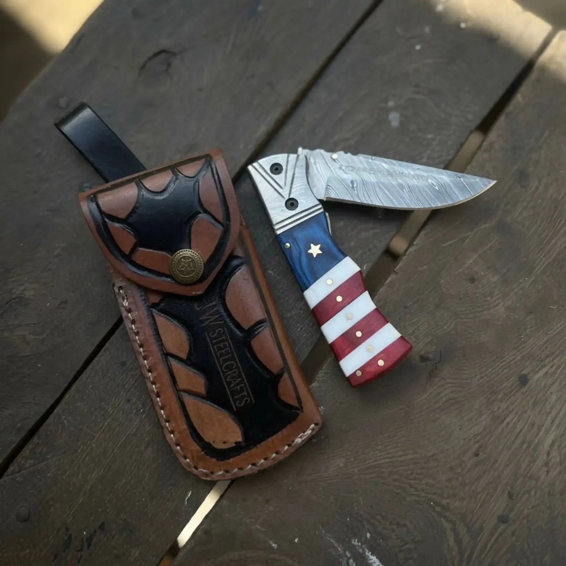 Damascus Folding Pocket Knife — American Flag Handle by JW SteelCrafts, Damascus knife main product photo