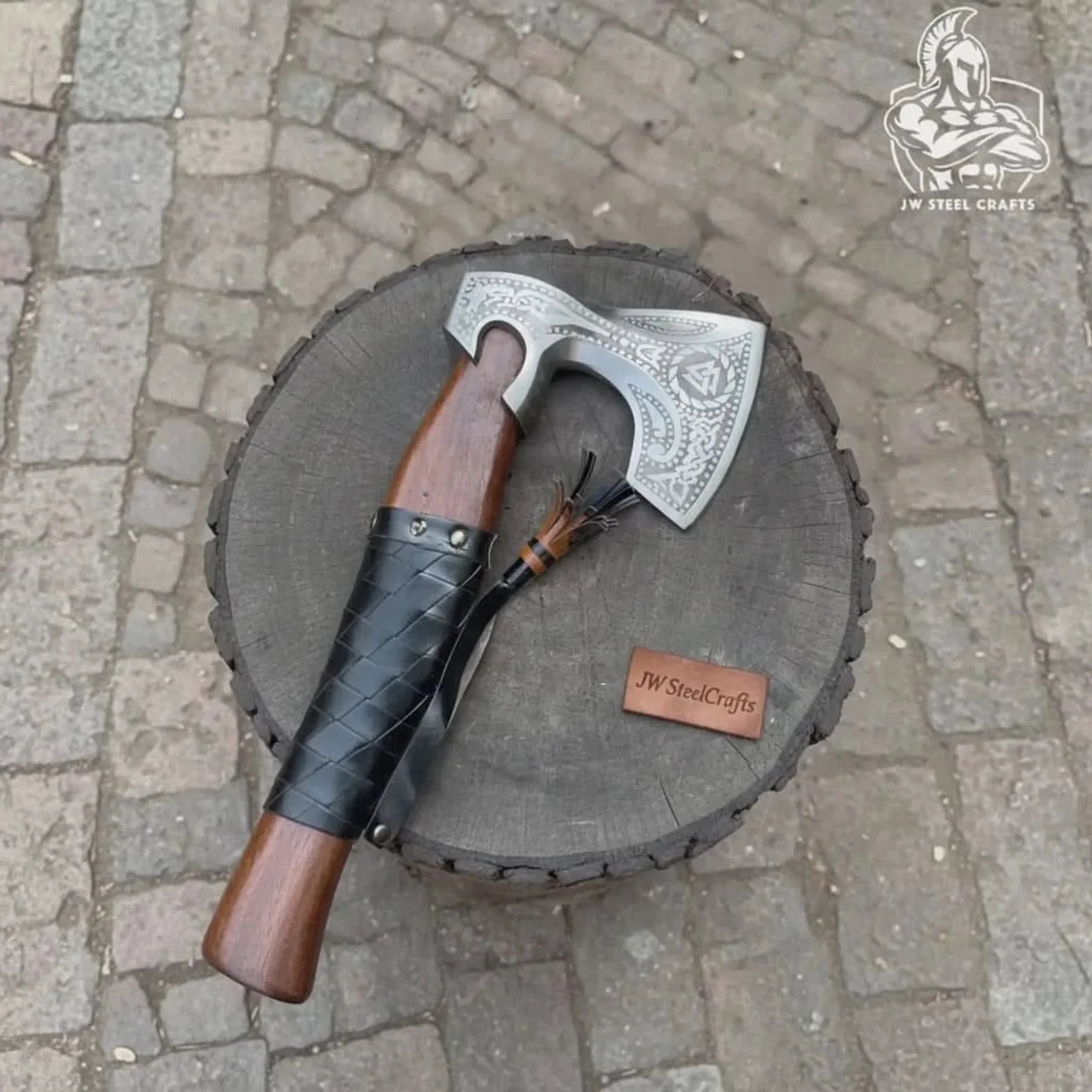 Viking Axe with Leather Wrapped Handle & Engraved Head – JW SteelCrafts detail view by JW SteelCrafts