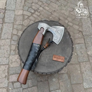 Viking Axe with Leather Wrapped Handle & Engraved Head – JW SteelCrafts detail view by JW SteelCrafts