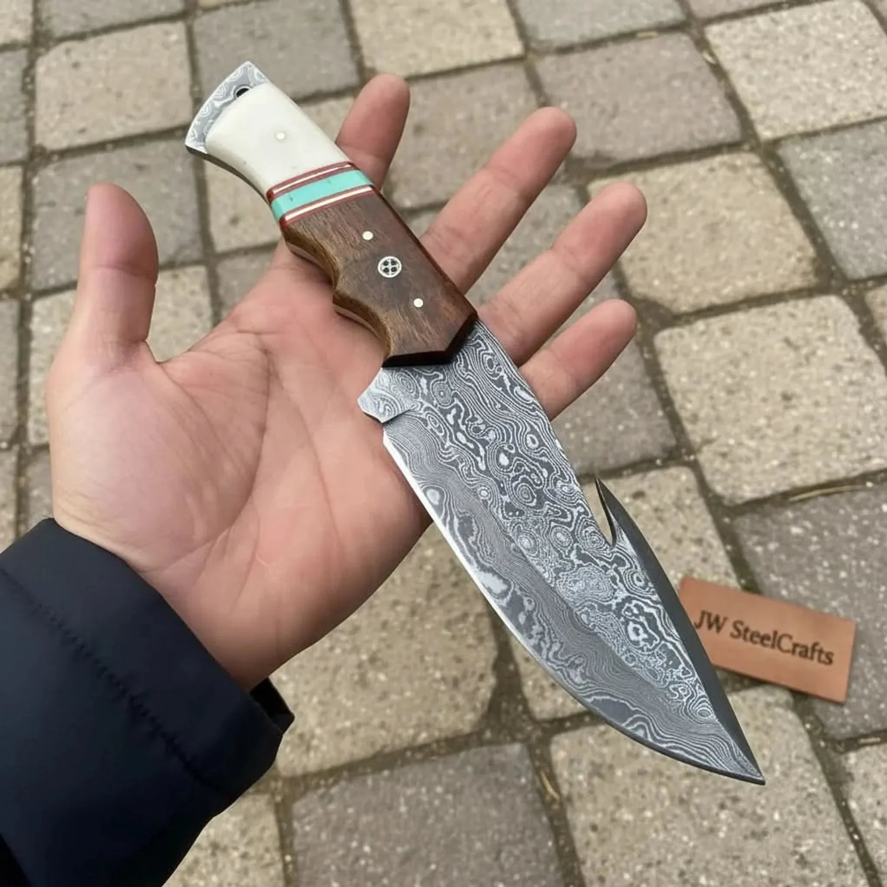 Damascus Gut Hook Hunting Knife Bone, Turquoise Resin & Rosewood Handle by JW SteelCrafts