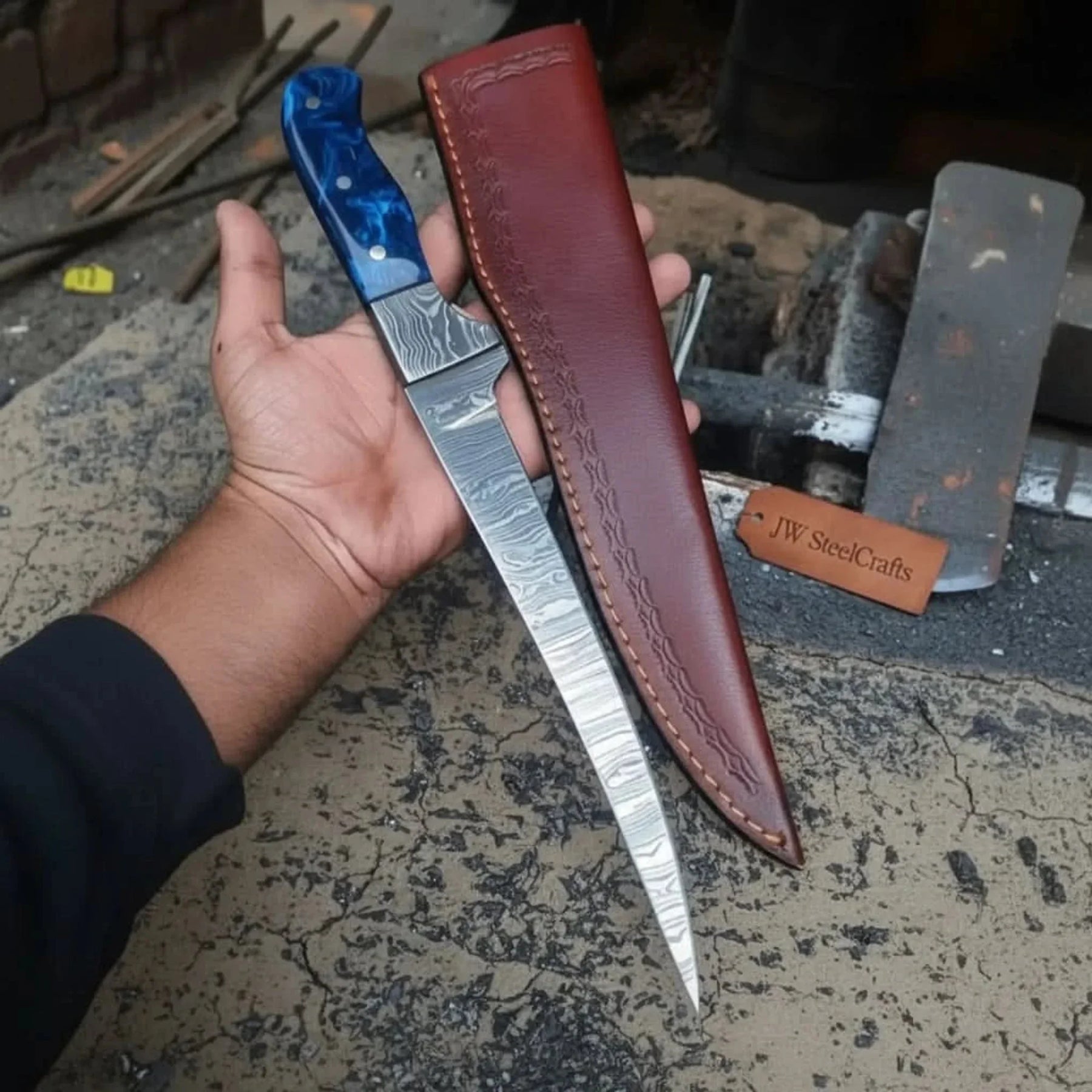 Hand-Forged 8 Inch Damascus Steel Fillet Knife with Blue Resin Handle, Full Tang with Leather Sheath by JW SteelCrafts