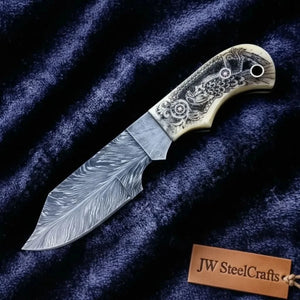 Handmade Damascus Drop Point Hunting Knife with Engraved Bone Handle and Leather Sheath by JW SteelCrafts