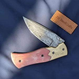 Engraved Bolster Folding Knife with Pink Bone Handle by JW SteelCrafts