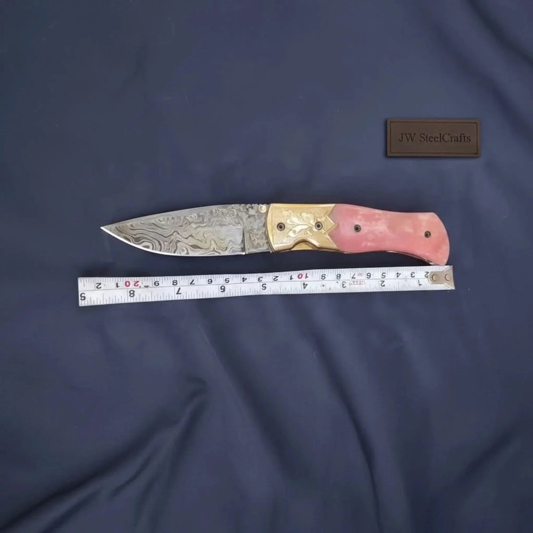 Engraved Bolster Folding Knife with Pink Bone Handle detail view by JW SteelCrafts