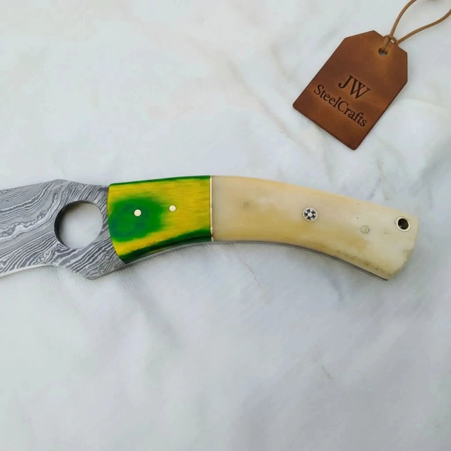 Damascus Hunting Knife 8.5” Fixed Blade detail view by JW SteelCrafts