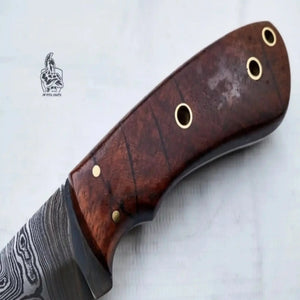 Damascus Skinner Knife 6” Fixed Blade rose wood Handle detail view by JW SteelCrafts