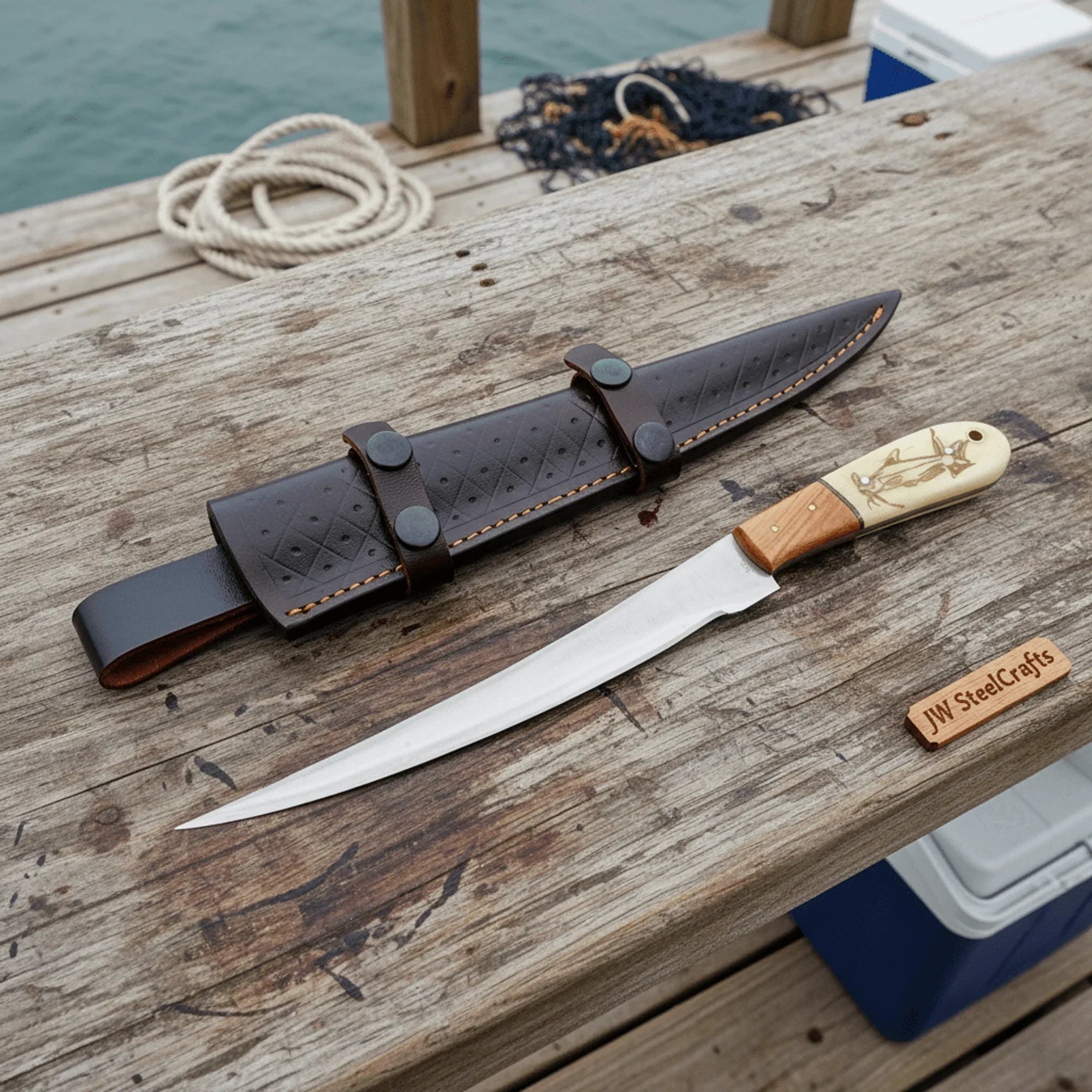 Handmade 13 Inch Fillet Knife with Engraved Bone and Wood Handle, Full Tang Fishing Knife with Leather Sheath by JW
