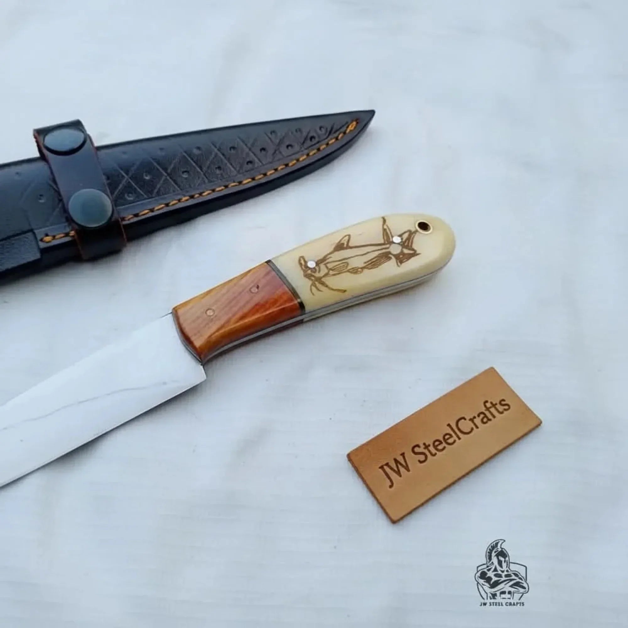 Handmade 13 Inch Fillet Knife with Engraved Bone and Wood Handle, Full Tang Fishing Knife with Leather Sheath detail view by