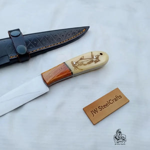 Handmade 13 Inch Fillet Knife with Engraved Bone and Wood Handle, Full Tang Fishing Knife with Leather Sheath detail view by