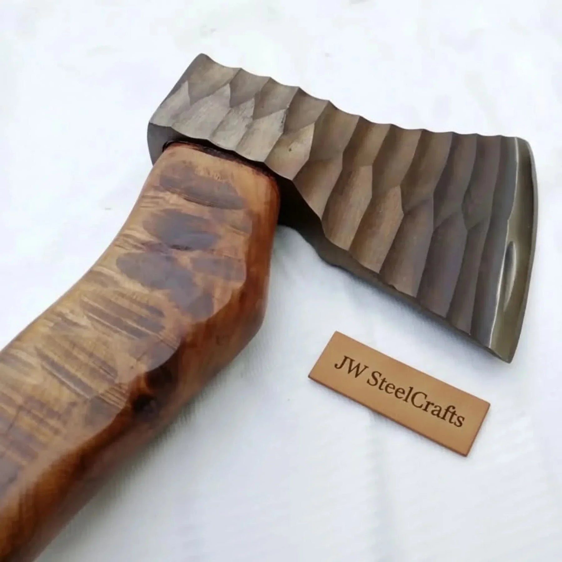 Damascus Sloyd Carving Axe with Hand Textured Head detail view by JW SteelCrafts