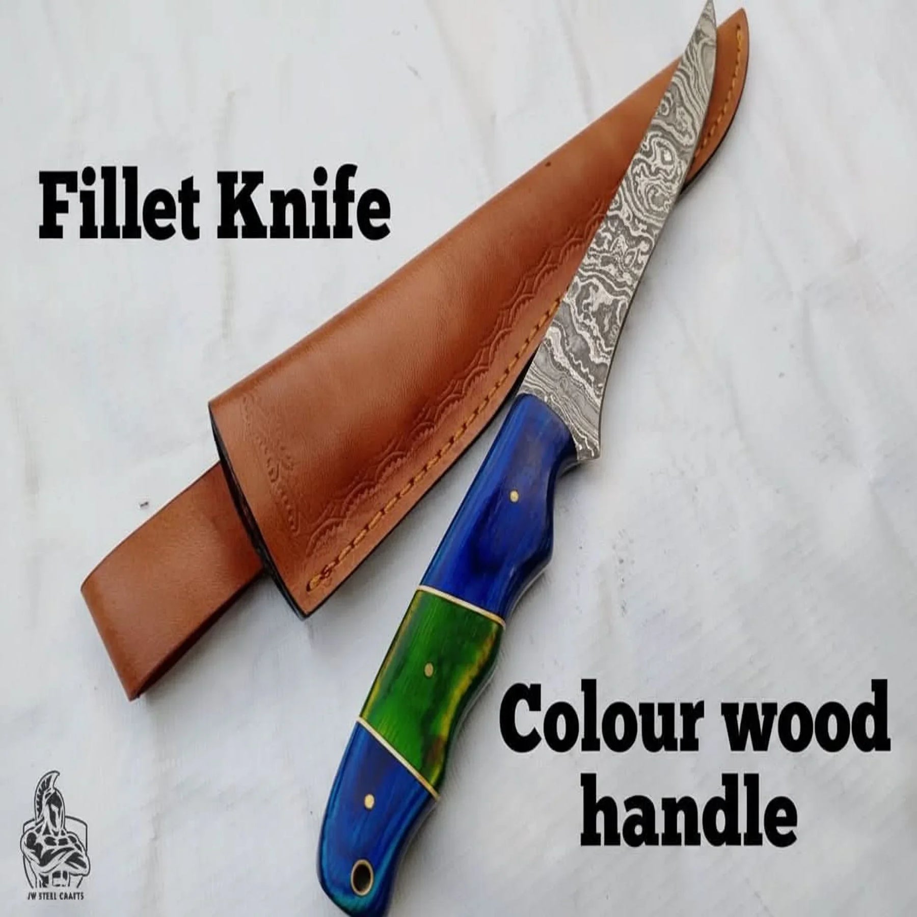 Handmade Damascus Fillet Knife – 10 Inch Overall, 5 Inch Precision Fish Filleting Blade with Colored Wood Handle, Full Tang